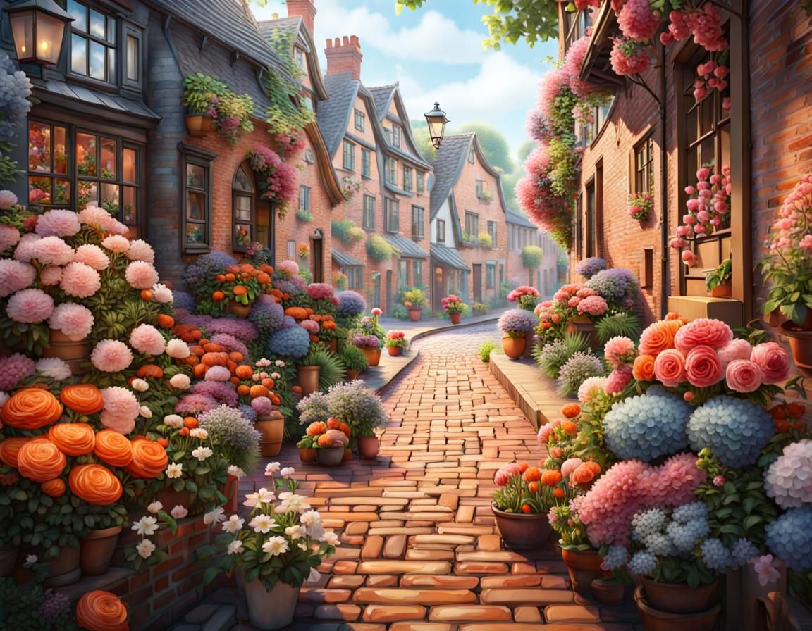 Realistic Flower Market in Quaint Village Street