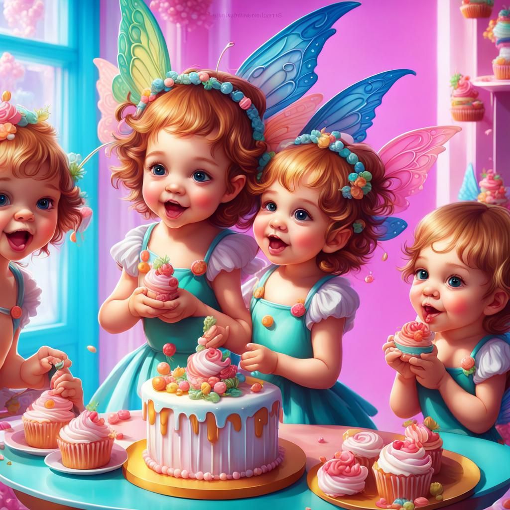 Baby Fairies Eating Cake in Candyland Art Style