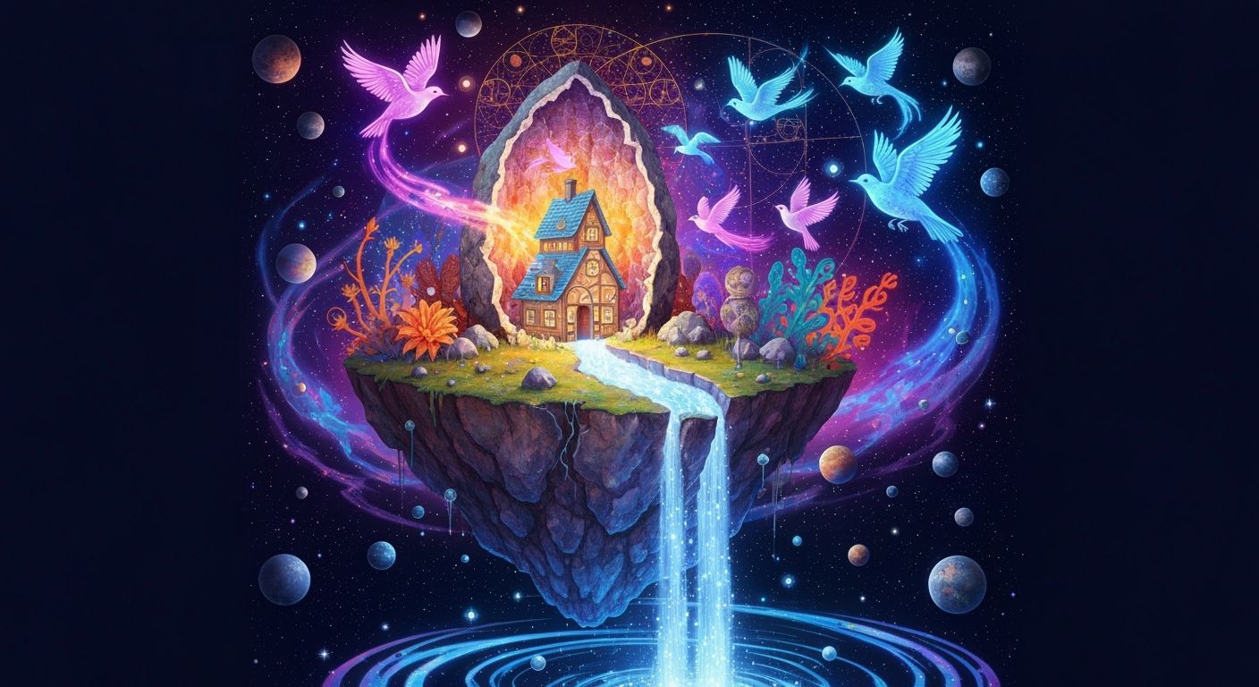 Sapphire Geode Island with Cosmic Birds and Stardust Waterfa...