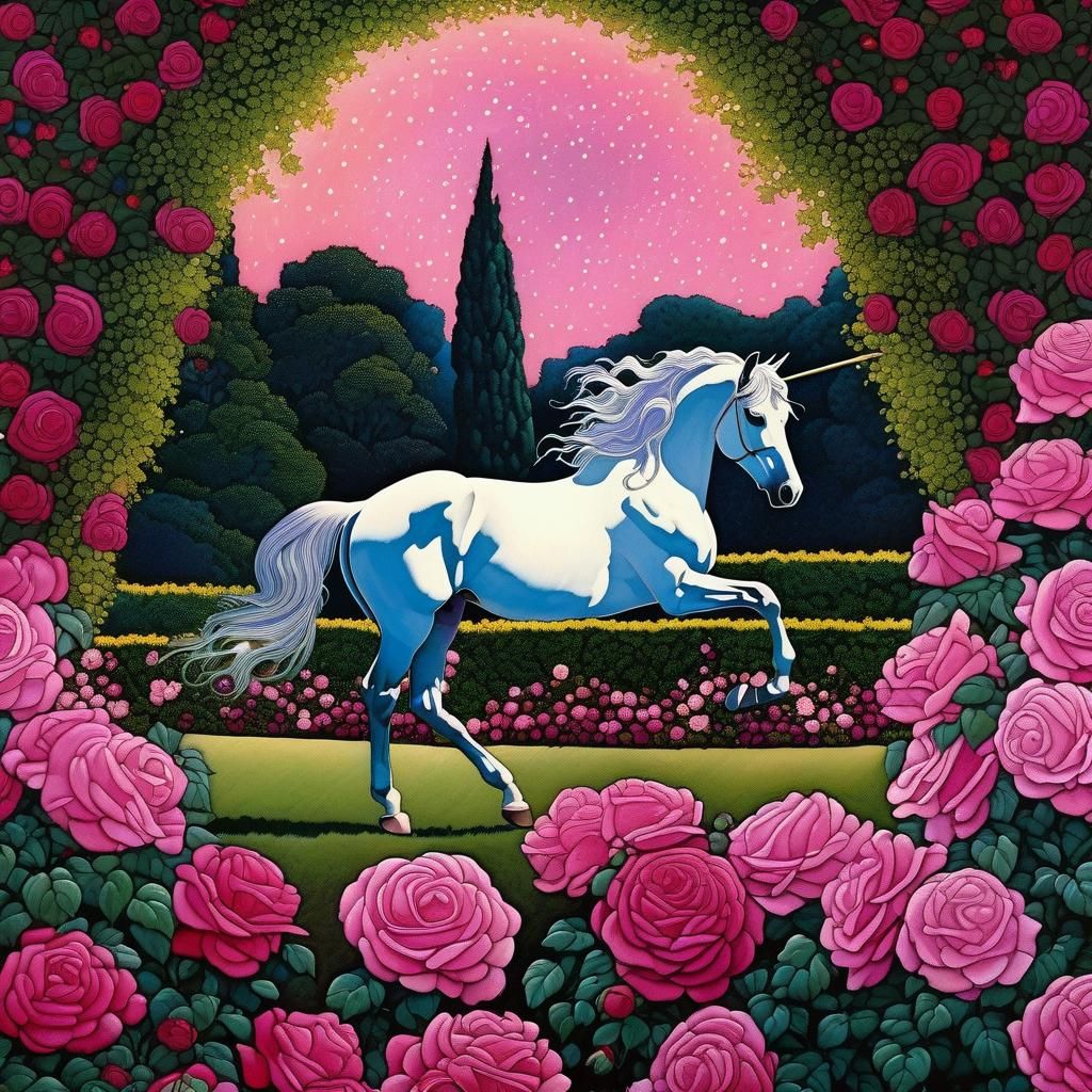 Unicorn in Rose Garden, Vintage Alcohol Ink Style