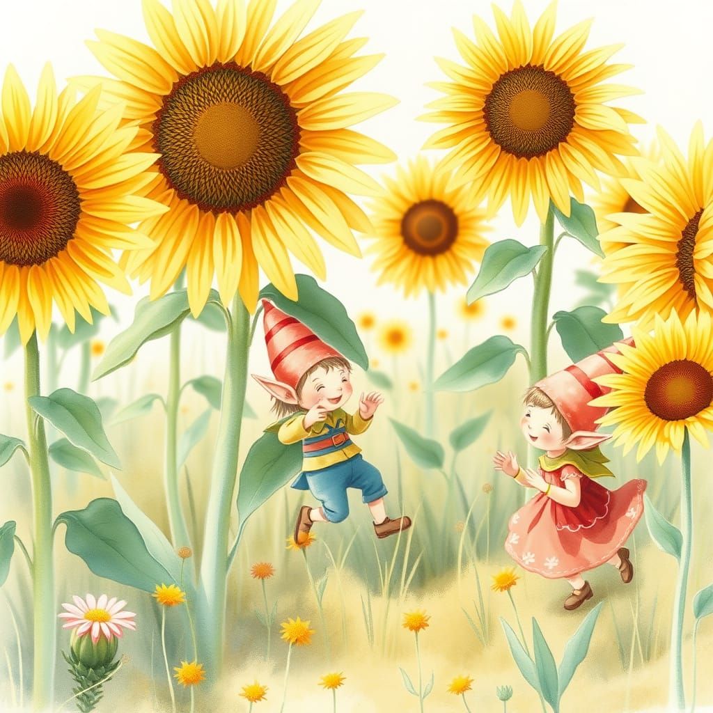 Elves Hide-and-Seek in Sunflower Meadow: Watercolor Scene