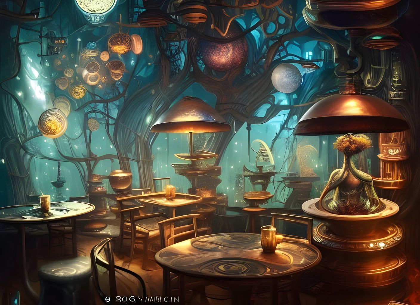 Clockpunk Coffee Shop Under a Starry Sky