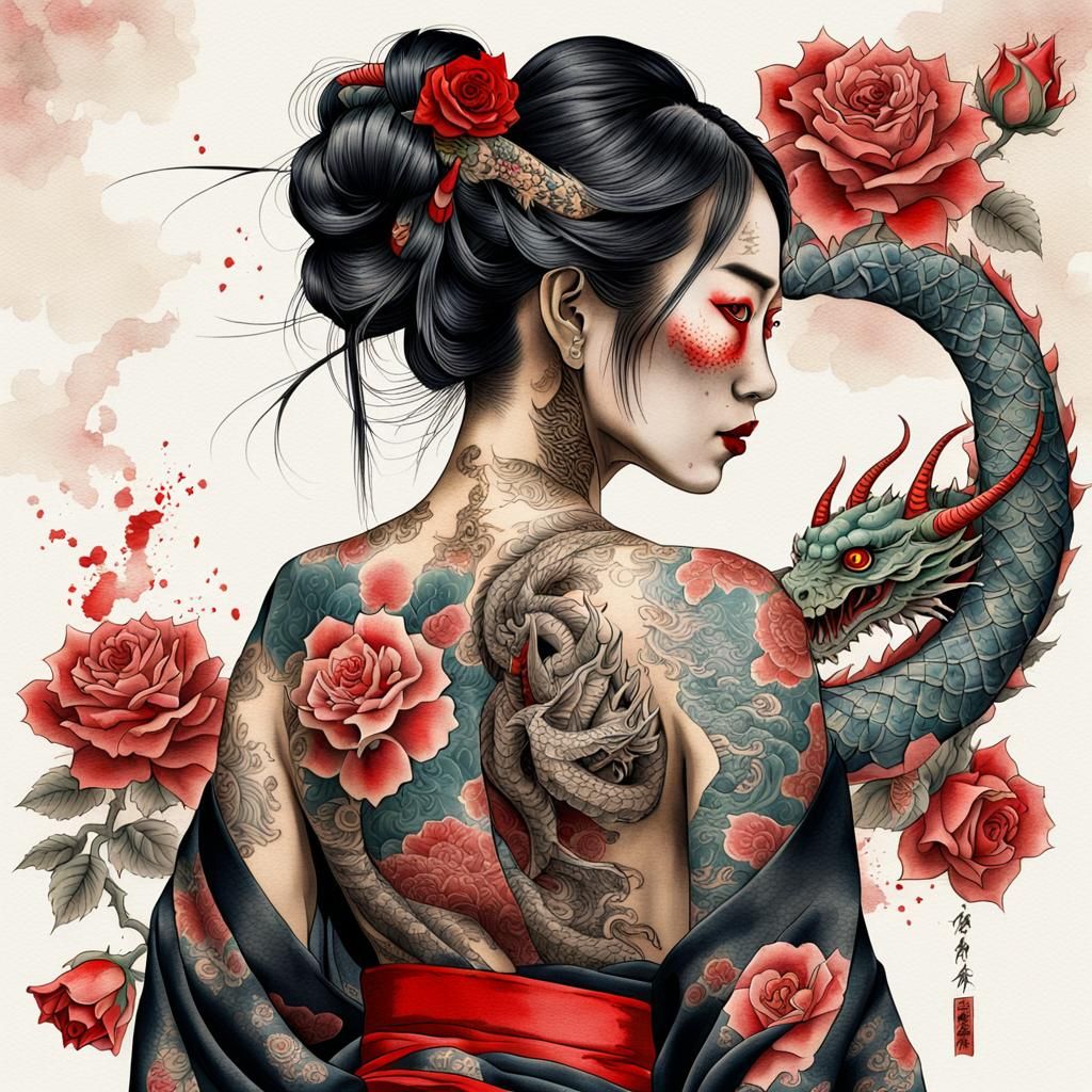 Japanese Woman Dragon Tattoo: Ukiyo-e Watercolor Portrait