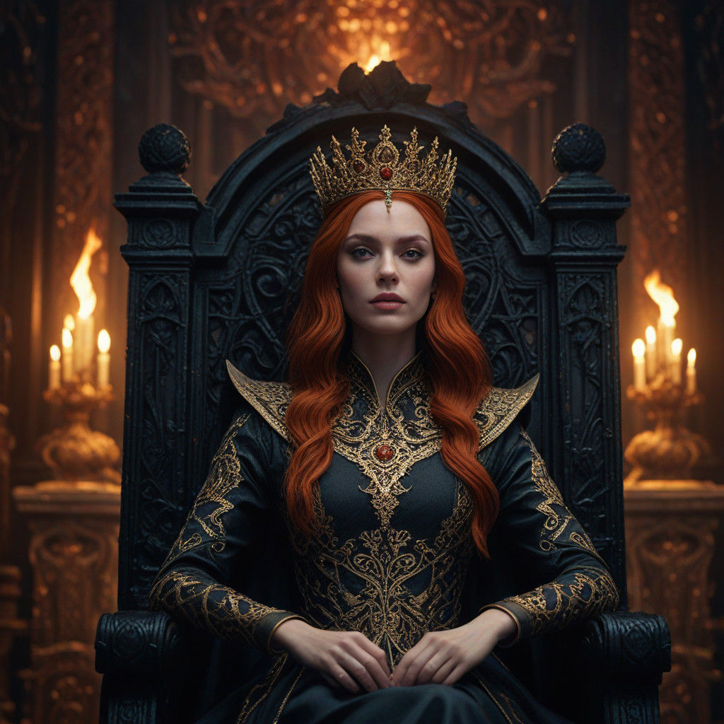 Regal Red-Haired Woman on Ornate Throne in Dark Fantasy Sett...