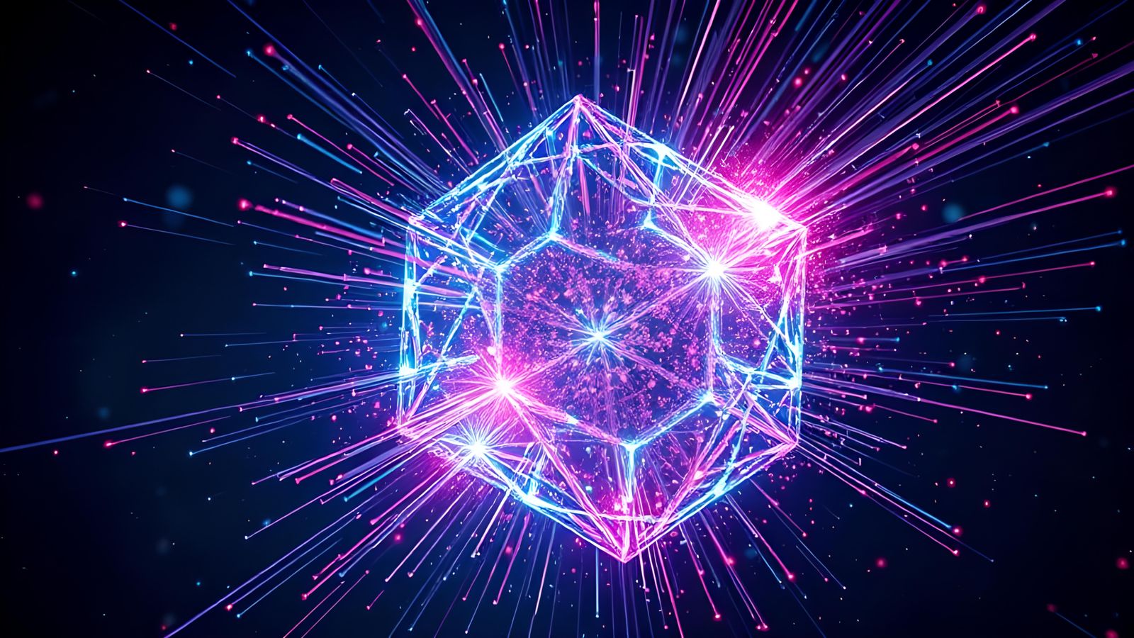 Cyberpunk Fiber Optic Cube Exploding at Night