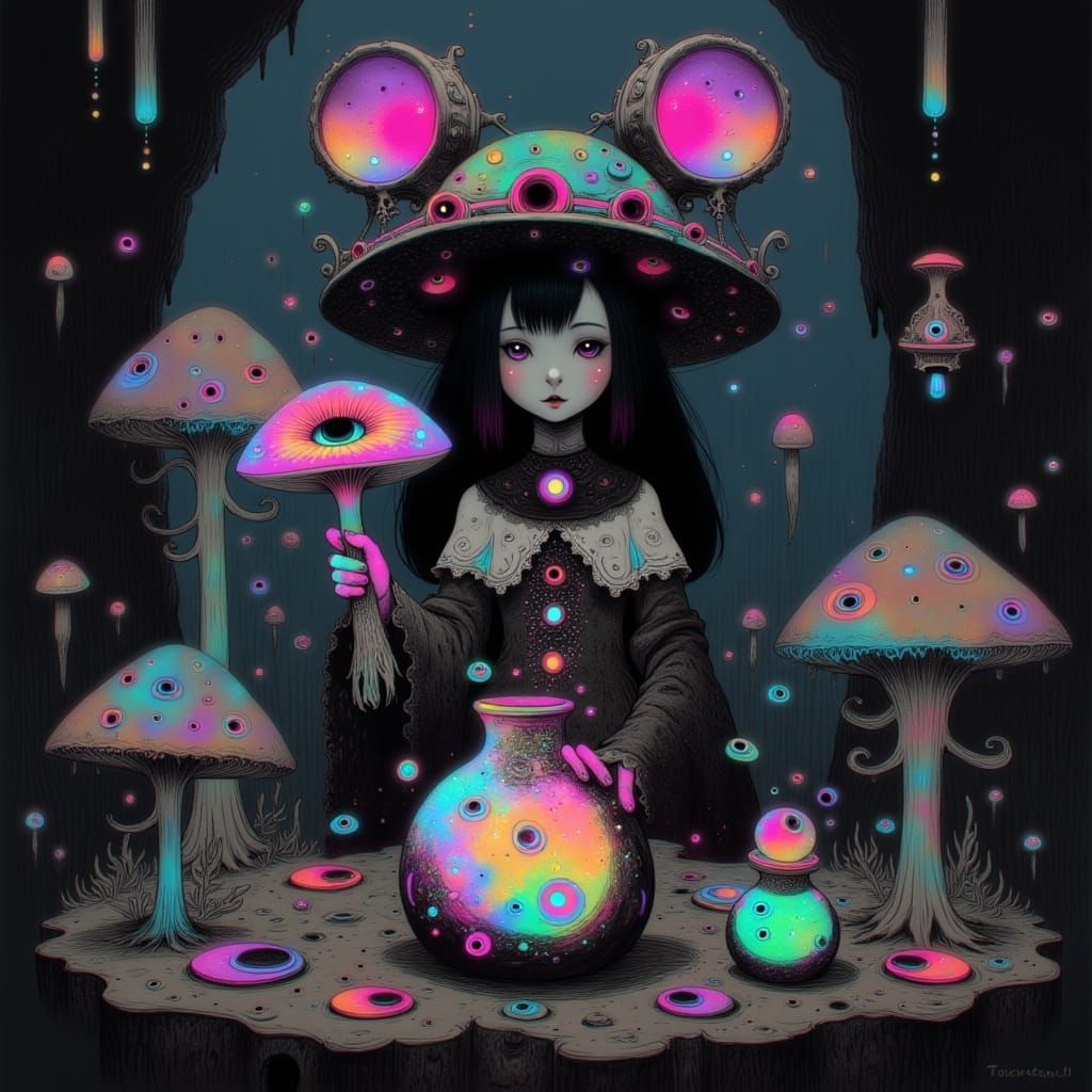 Mouse Alchemist in Bioluminescent Cavern, Waterhouse Style