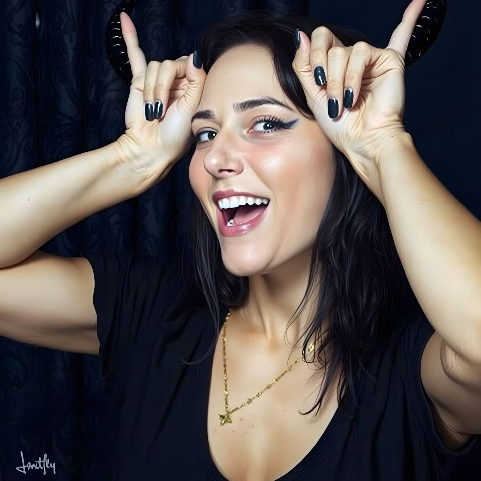 Sultry Seductress Leans in with Horns, Bar Background