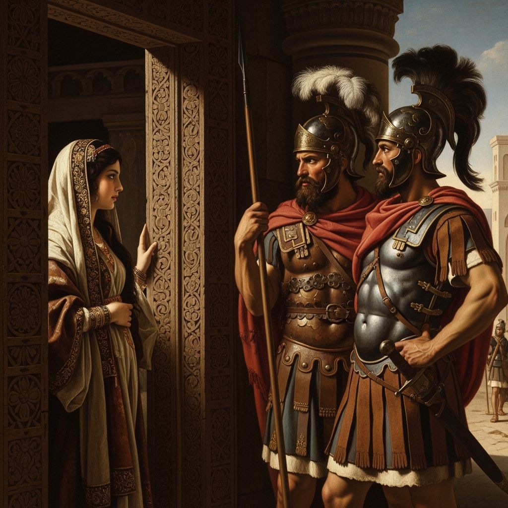 Arabian Woman Converses with Philistine Warriors in Carved D...