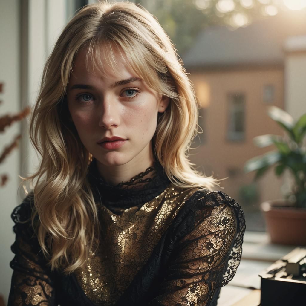 Young Blonde Writer in Romantic Film Still