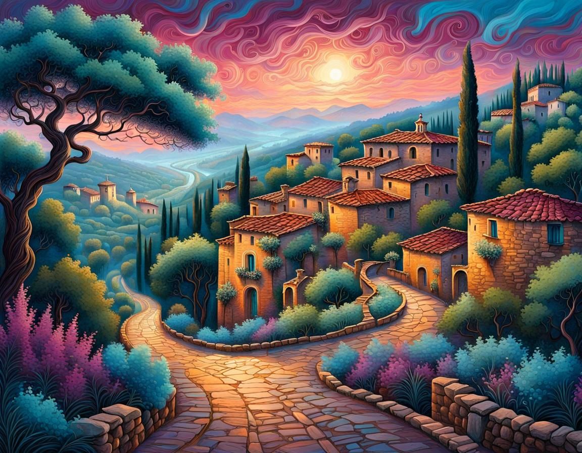 Misty Italian Road in Whimsical Fantasy Style