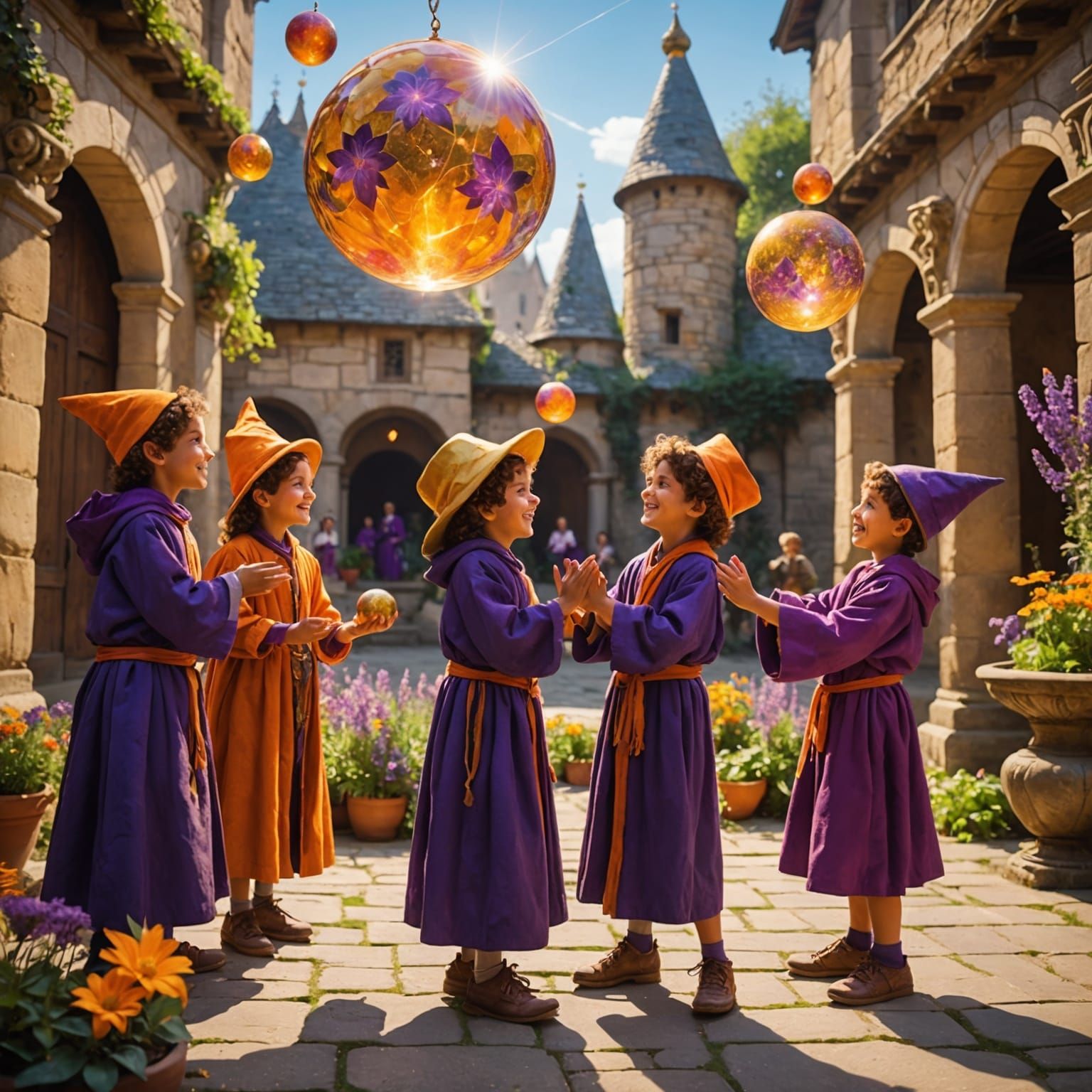 Child Magicians Levitate Enchanted Ball in Courtyard