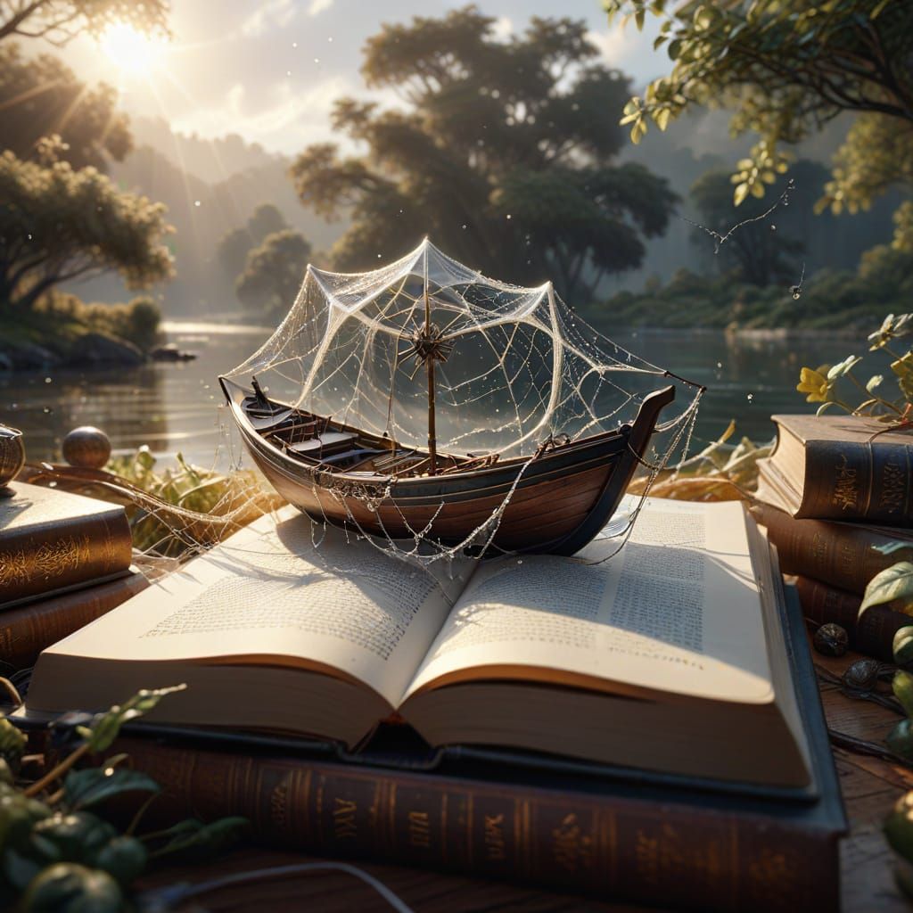 Ethereal Spider Web Boat Above Books and Nature