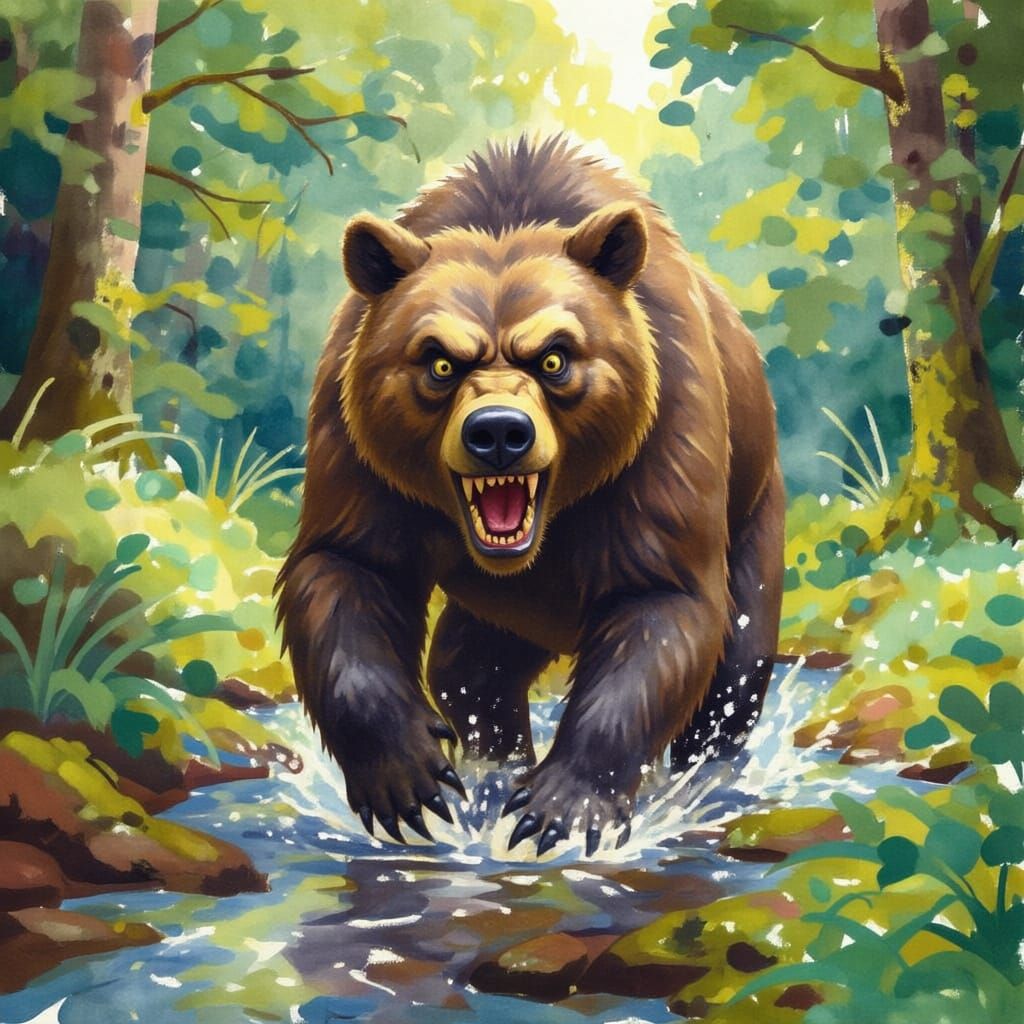 Water Colour Painting of a Bear in a Stream