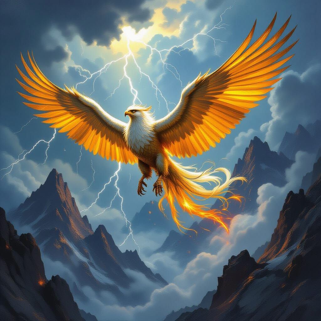 Golden Griffin Soaring Through Stormy Mountains