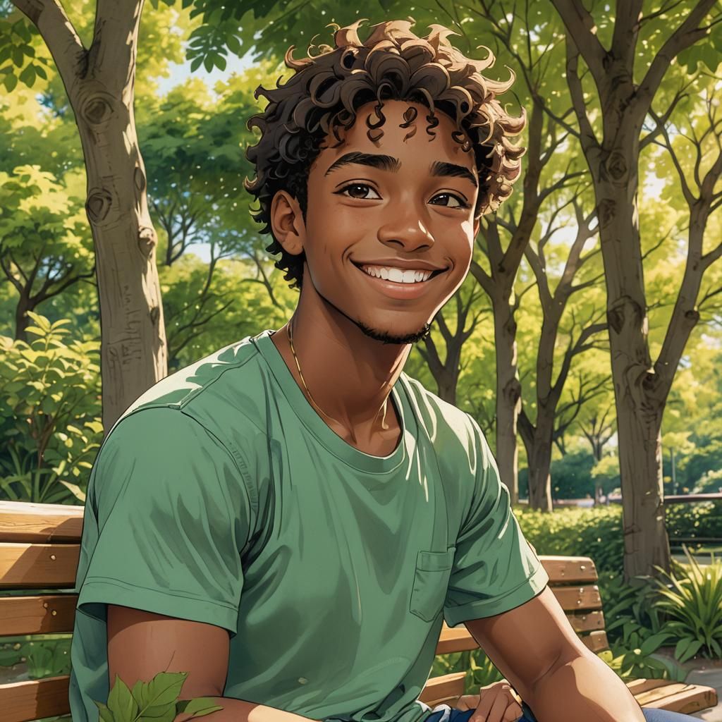 Anime Portrait of a Smiling Man on Park Bench