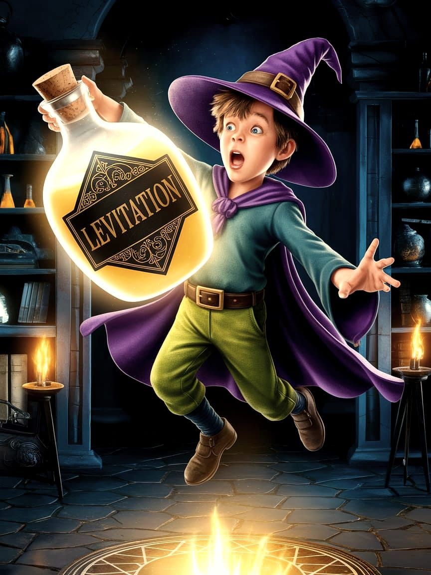 Youthful Wizard Apprentice Levitates with Levitation Potion