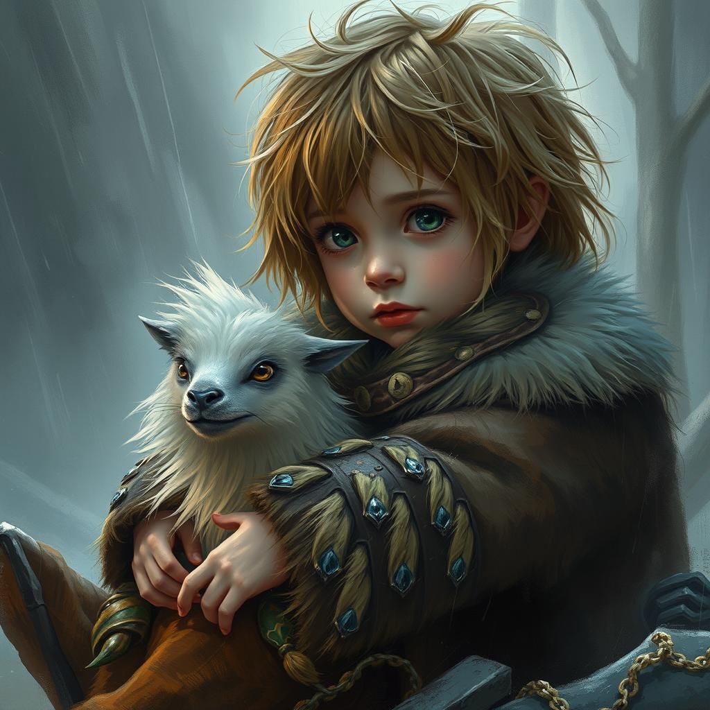 Child and Magical Animal in Storm, Detailed Matte Painting