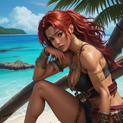 Detailed Female Pirate on Tropical Beach, Hyperrealistic