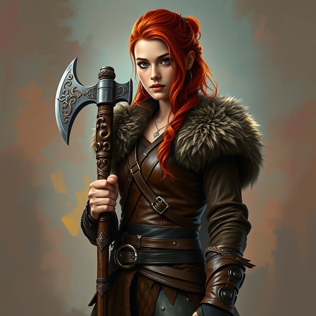 Red-Haired Viking Woman with Axe in Hyperrealistic Style