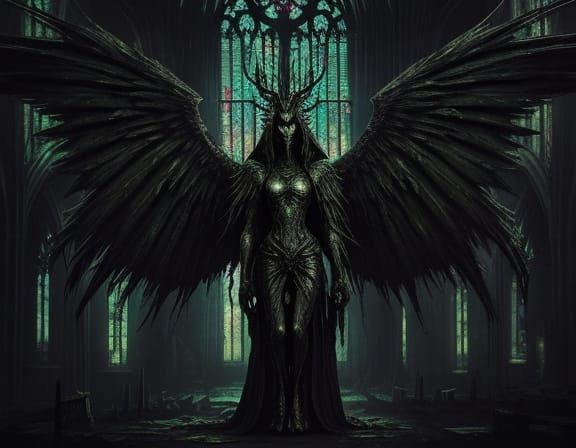 Grotesque Angel in Decaying Cathedral