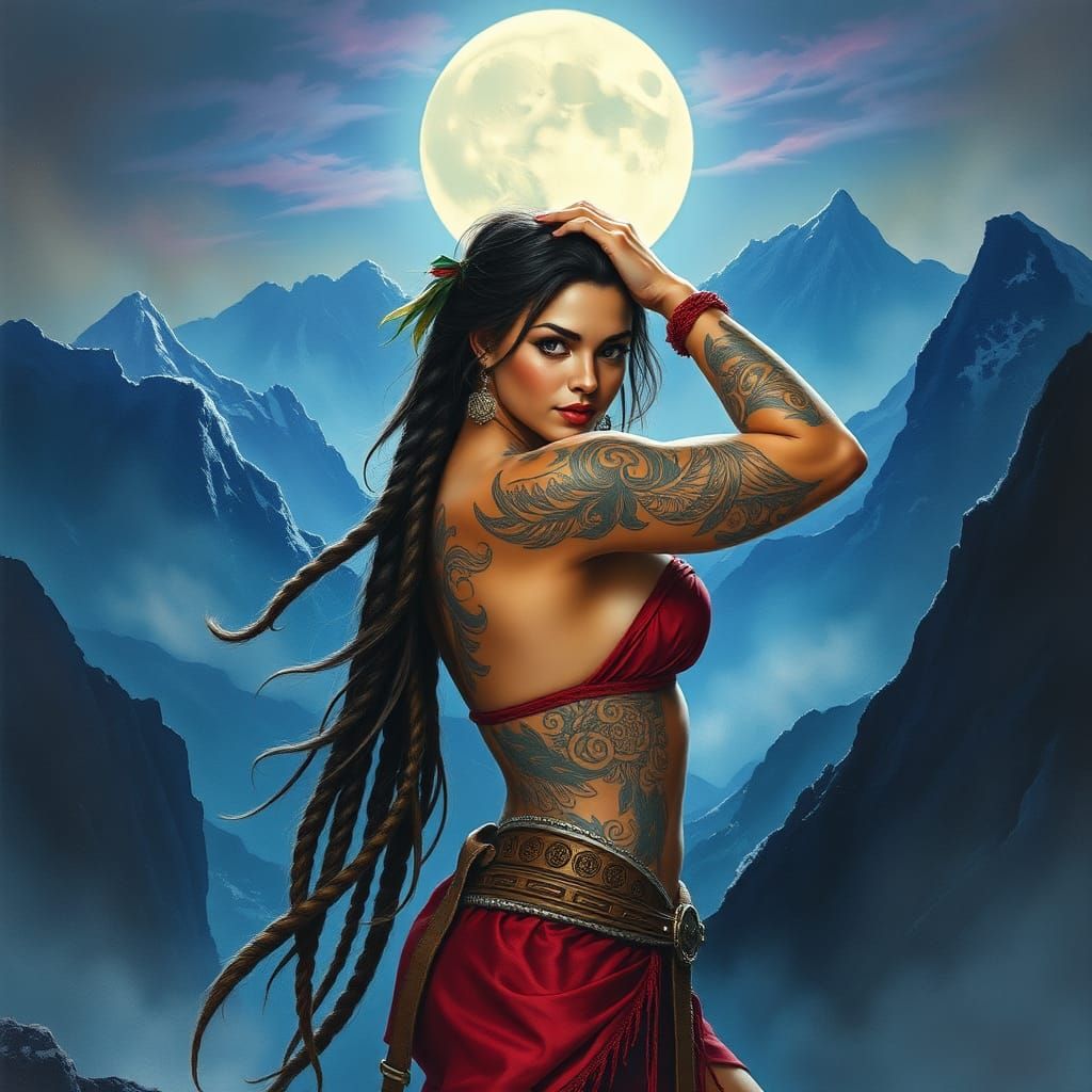 Latina Warrioress in Moonlit Mountainscape: Hyperdetailed Su...