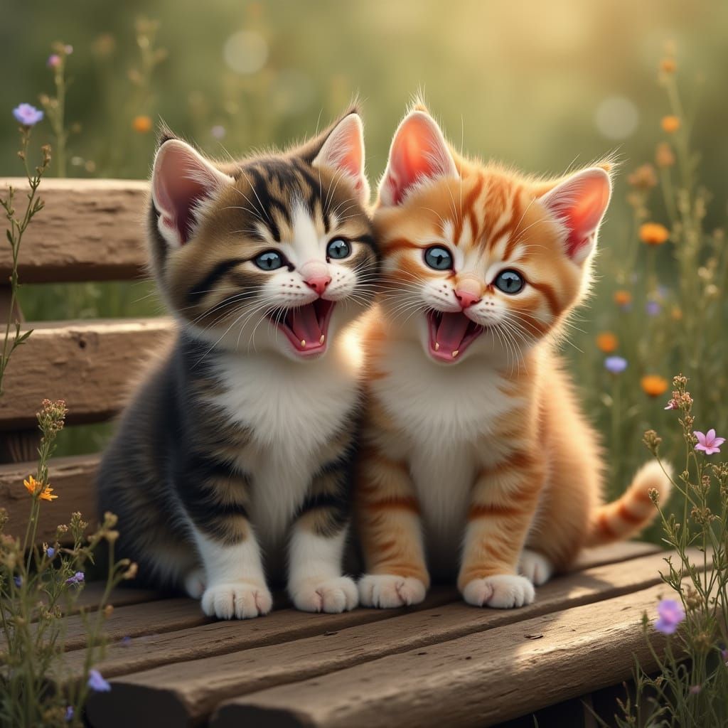 Whimsical Calico Kittens on Wooden Bench in Ethereal Glow