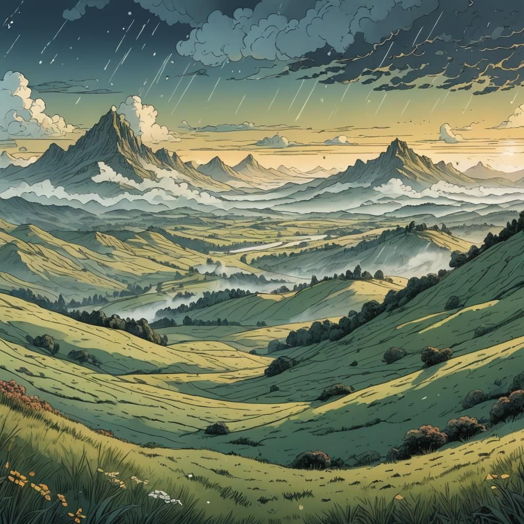 Panoramic Meadow at Dawn in Retro D&D Style