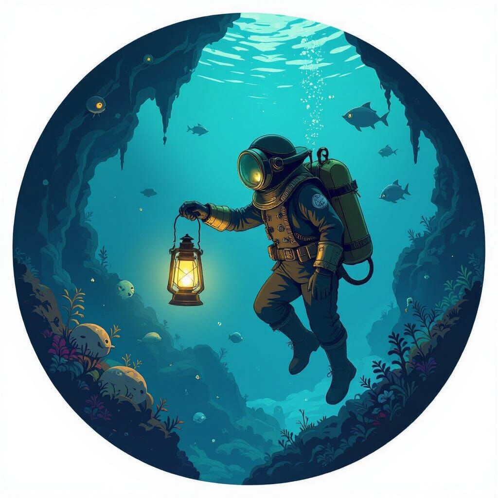 Victorian Explorer in Bioluminescent Ghibli-esque Ocean