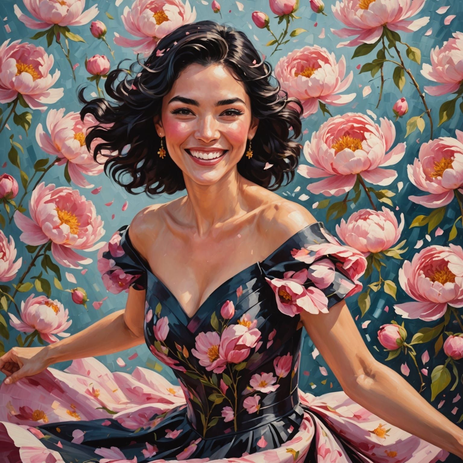 Woman Spinning in Peony Petals, Impasto Style