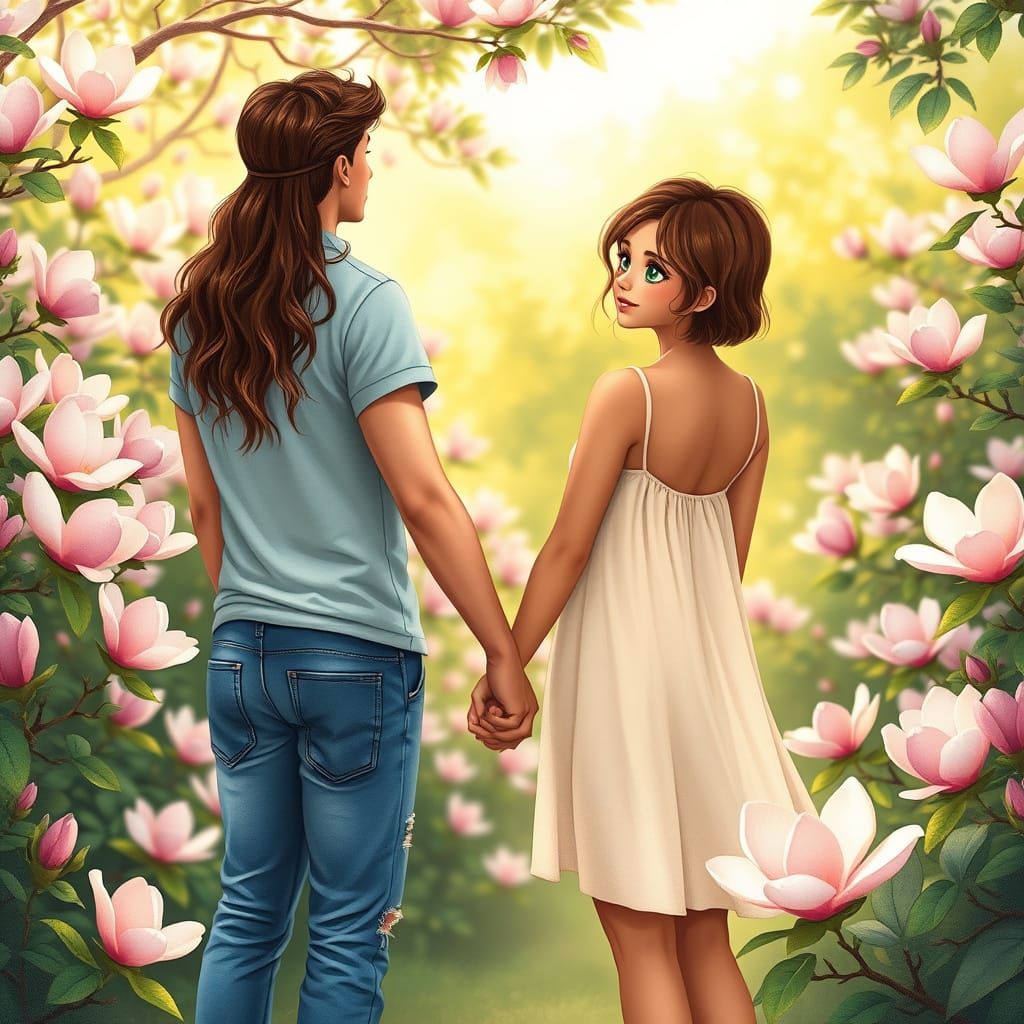 Serene Garden Couple in Whimsical Impressionist Style