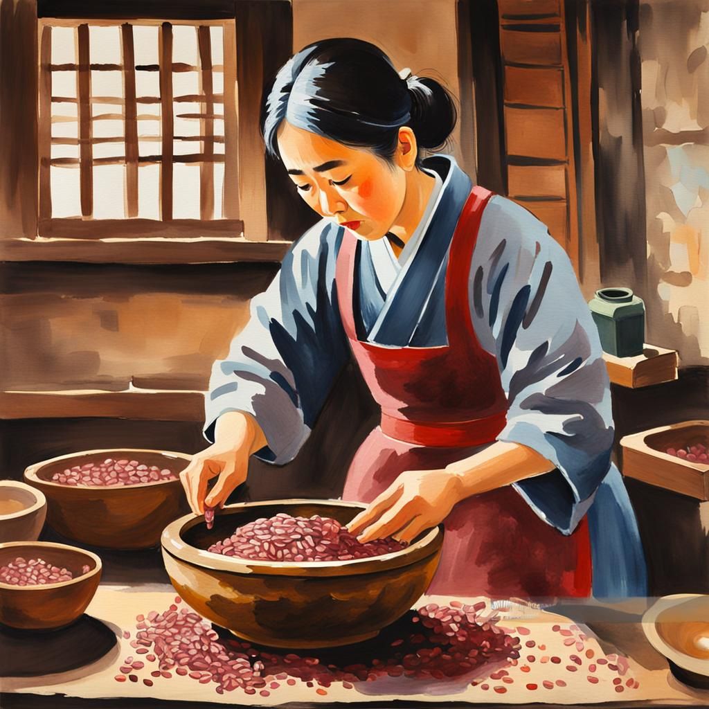 Korean Woman Making Red Bean Paste as Gouache Painting