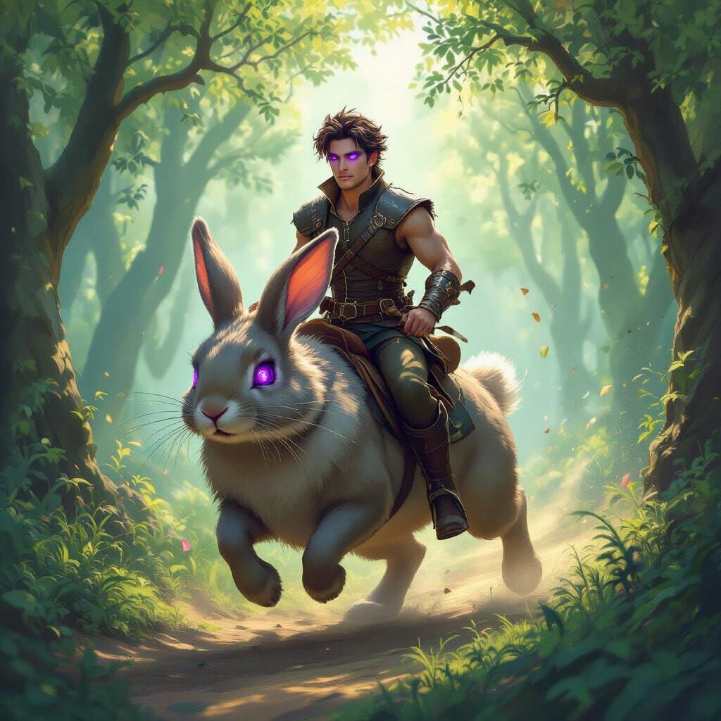 Man With Purple Eyes Rides Rabbit Through Enchanted Forest
