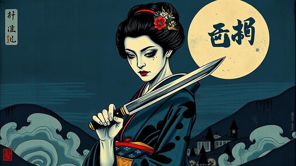 Mysterious Geisha with Tanto Knife in Surreal Landscape