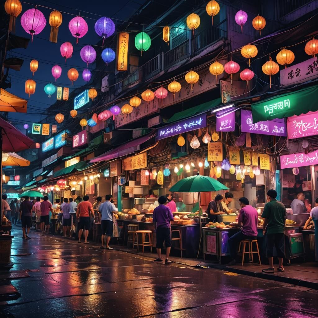 Vibrant Thai Street Food Market at Night