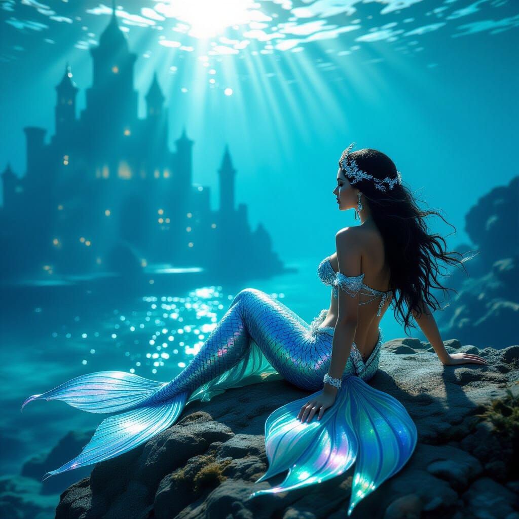 Mermaid Gazing at Sunken Atlantis in Futuristic Style
