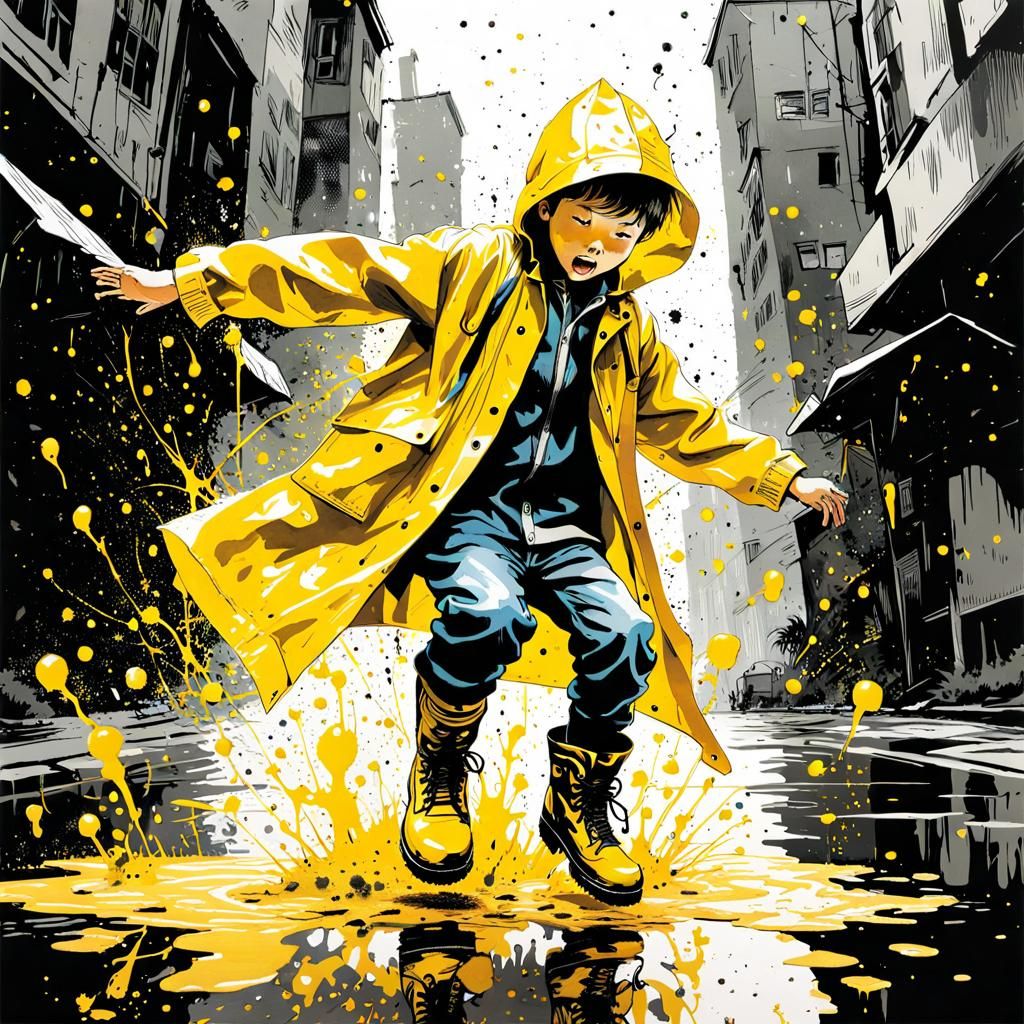 Boy in Yellow Raincoat Splashing: Ink Splatter Art