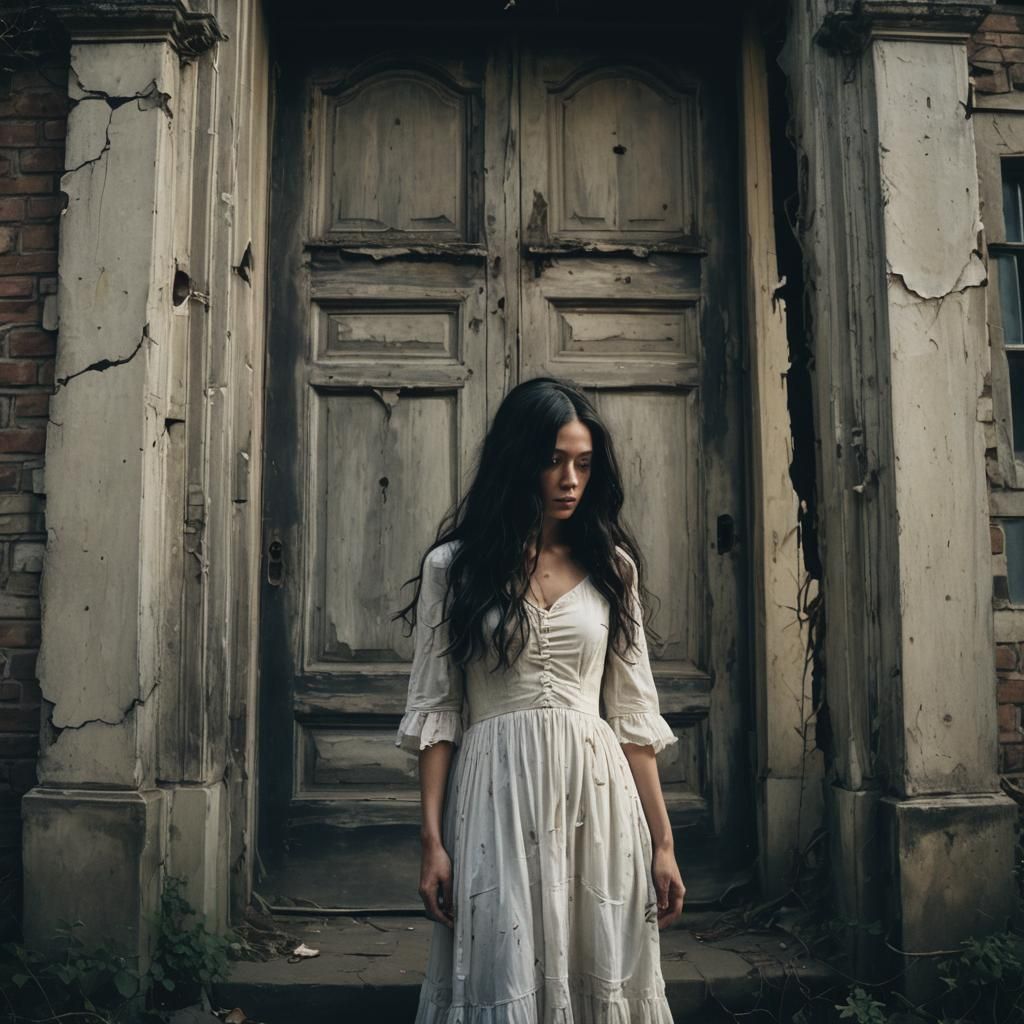 Eerie Woman at Abandoned Mansion in Dark Academia Style