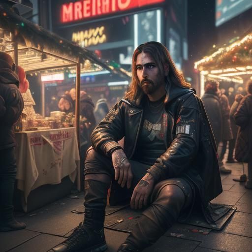 Jesus Begging at Christmas Market in Cyberpunk Style