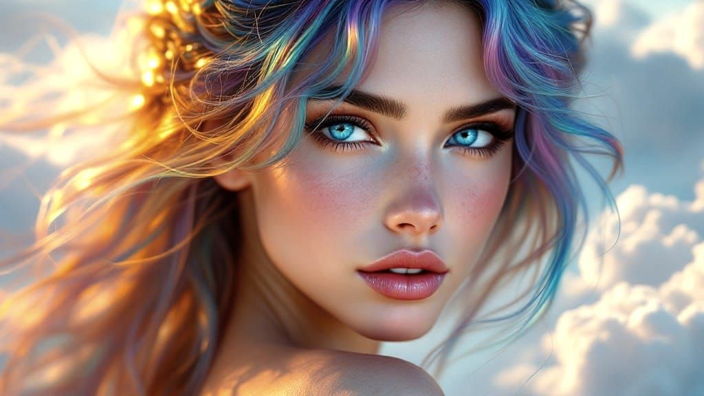 Stunning Greek Goddess with Rainbow Hair and Blue Eyes