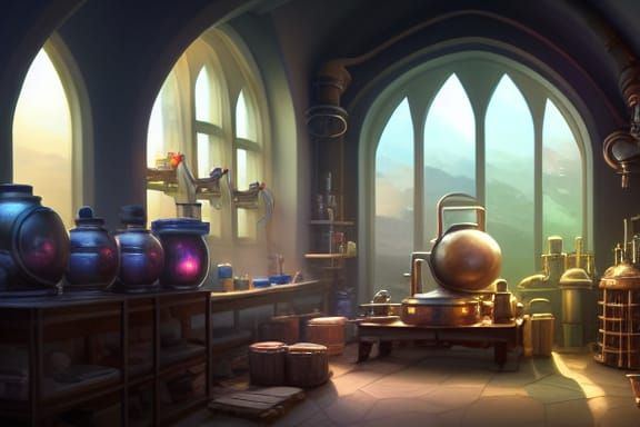 Detailed Alchemist Laboratory Rendering in Animated Style