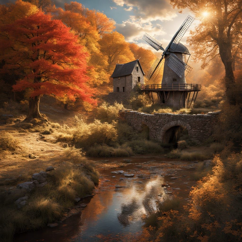 Surreal Windmill Towers Amidst Vibrant Autumn Landscape