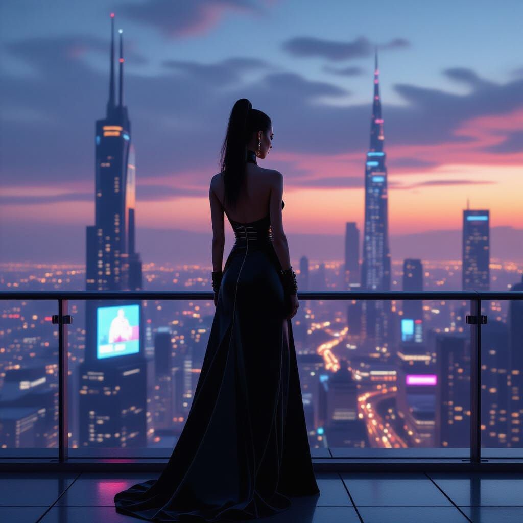Woman on Sky-Bridge Over Futuristic Cityscape at Dusk