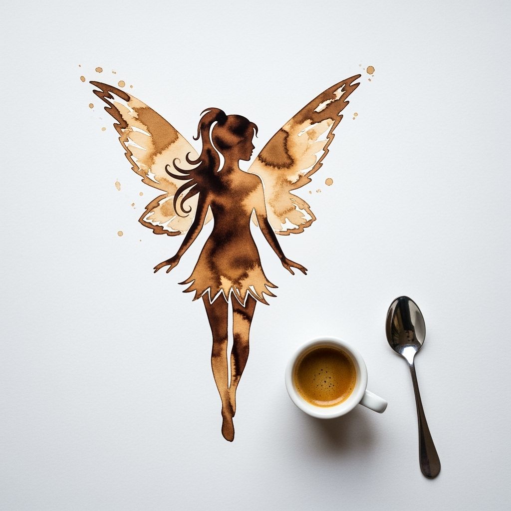 Coffee stain artwork, depicting a winged caffeine fairy. Dark, rich brown coffee stains meticulously arranged to form th...