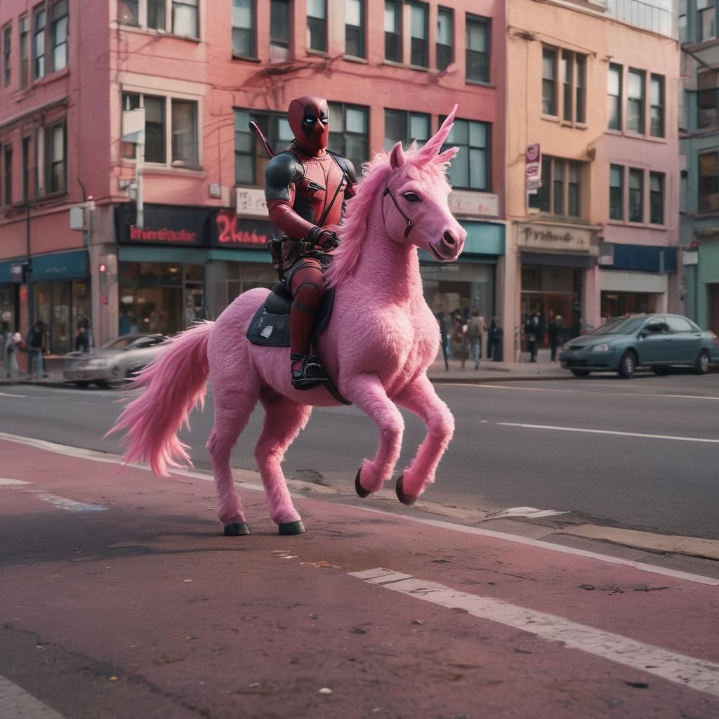 Deadpool Rides a Pink Unicorn: Cinematic Film Still