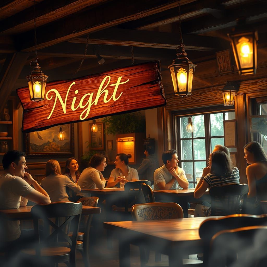 Cozy Night Cafe Scene in Whimsical Style
