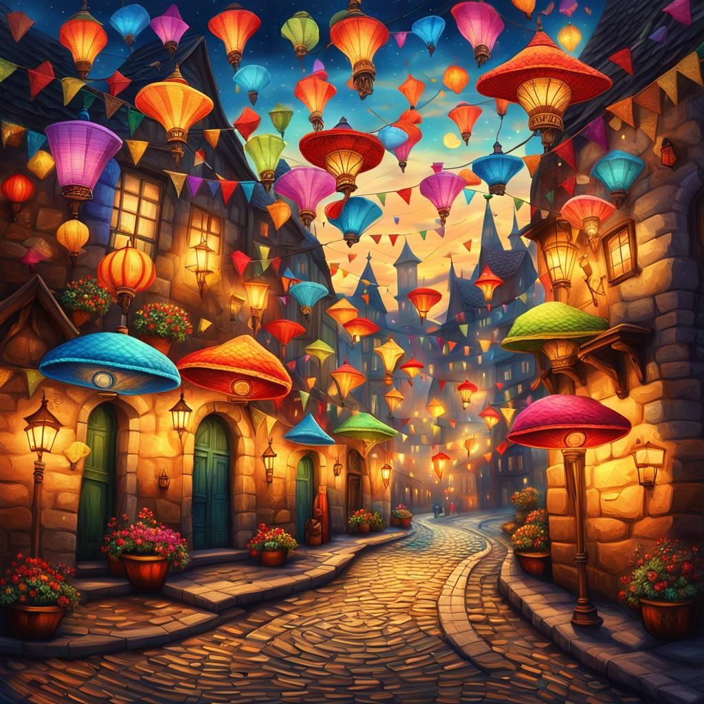 Floating Hats Parade in Whimsical Oil Painting