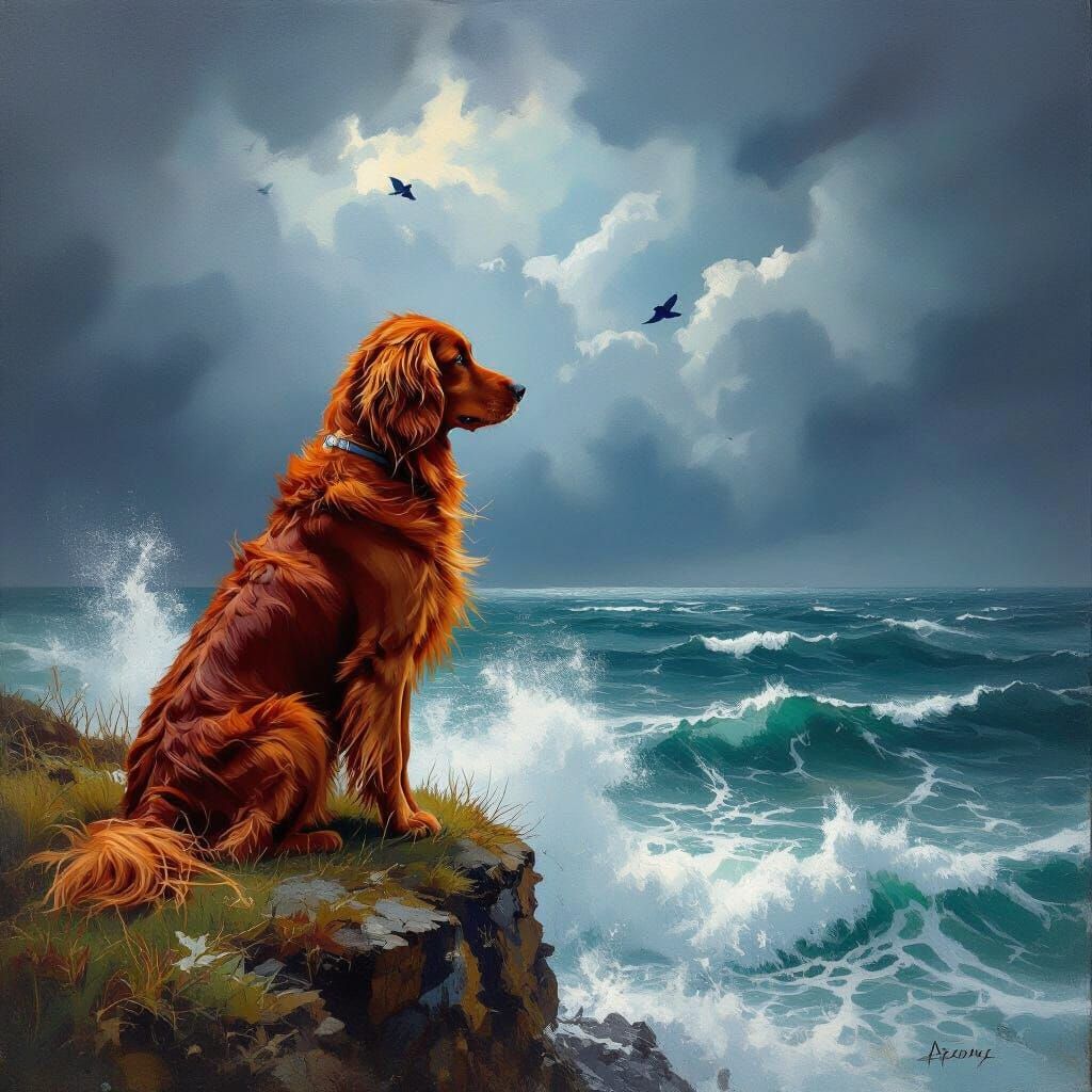 Red Setter on Windswept Cliff Overlooking Stormy Sea