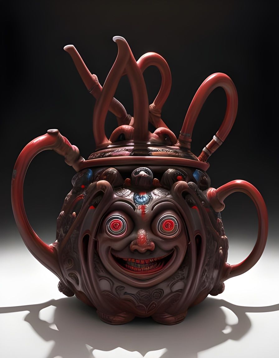 Surreal Clay Teapot with Pipes and Happy Face