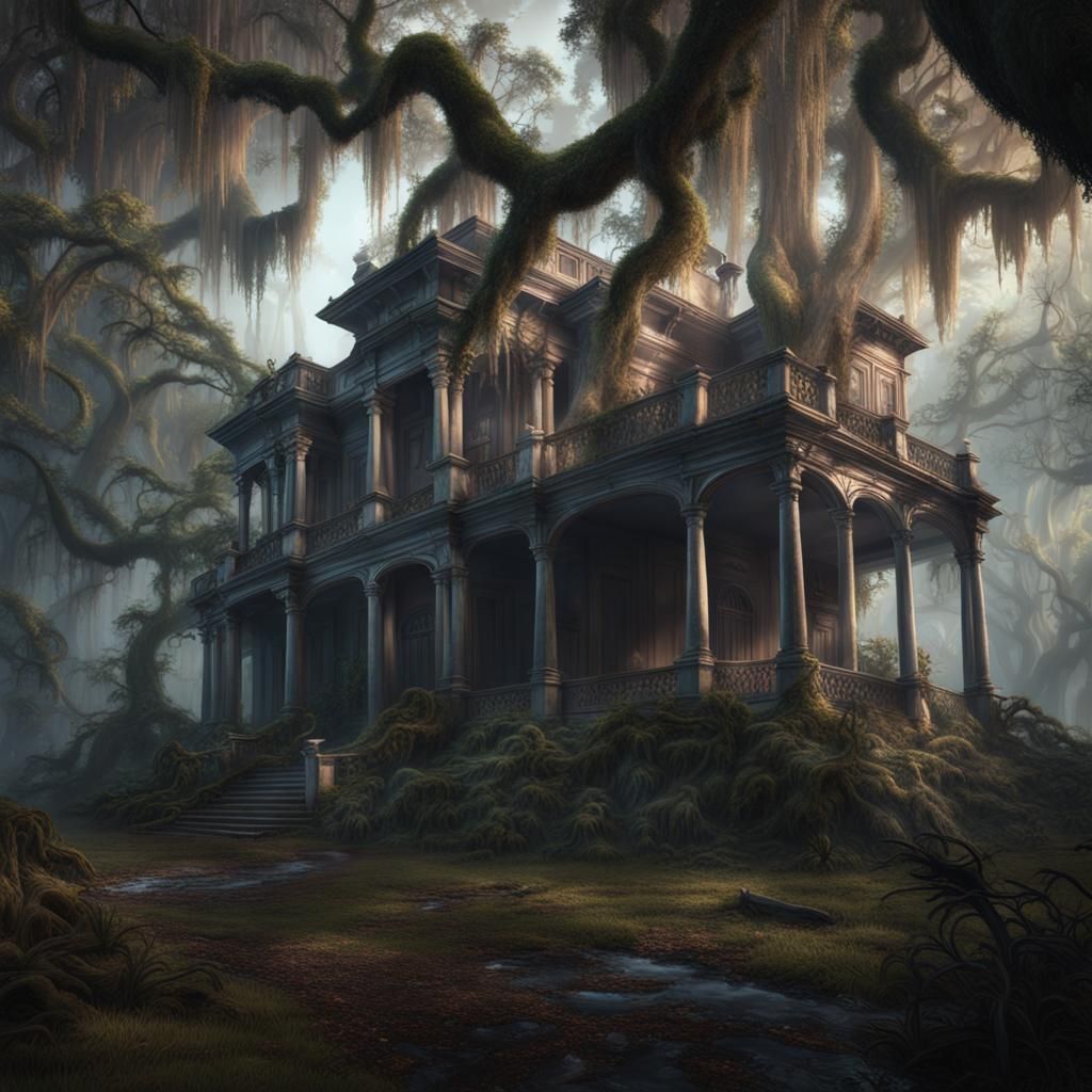 Misty Bayou Mansion in Detailed Matte Painting