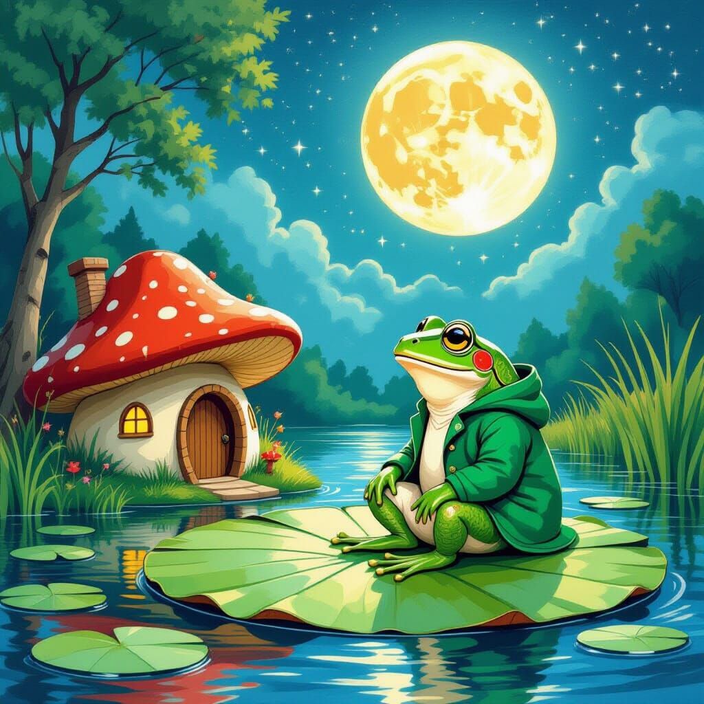 Frog Gazes at Moon Beside Mushroom Home in Whimsical Style